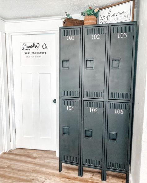 Locker In Home Ideas, Navy Blue Mudroom Lockers, Lockers In Laundry Room, Lockers In Garage, Home Locker Ideas, Antique Lockers, Locker Makeover, Boys Locker Room, Basement Mudroom