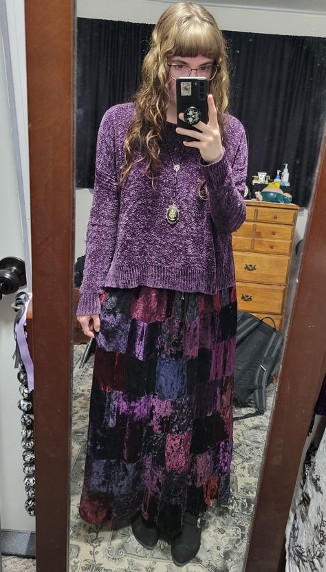 Patchwork velvet purple skirt, purple sweater, black pointy toe buckle boots, satanic rosary Long Skirt Layering Outfit, Purple Velvet Outfit, Whimsical Outfits For Women, Purple Boho Outfit, Whimsy Core Outfit, Grunge Purple Outfit, Whimsycore Outfits, Whimsy Aesthetic Outfits, Whimsical Fashion Aesthetic