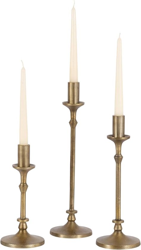 Amazon.com: Kate and Laurel Lahari Vintage Three-Piece Taper Candle Holder Set, Set of 3, Antique Brass, Metal Cast Aluminum Candlestick Holders for Dining Table or Fireplace Mantel Display : Home & Kitchen Bridgeton Tea Party, Mantle Candlesticks, Candleholder Brass, Vintage Candle Stick Holders, Mantel Candles, Fireplace Candlesticks, Mantle Candles, Antique Candle Holders, Fireplace Candle Holder