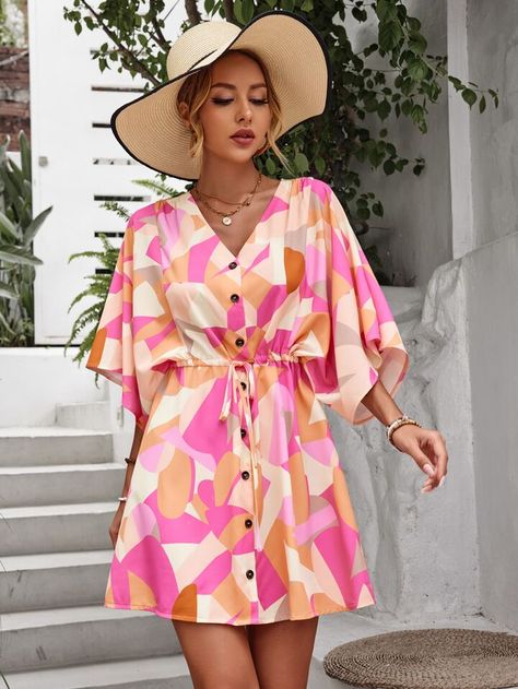 Batwing Sleeve Dress, Geo Print, Printed Drawstring, Batwing Sleeve, Bat Wings, Dress P, Drawstring Waist, Sleeve Dress, Dresses With Sleeves