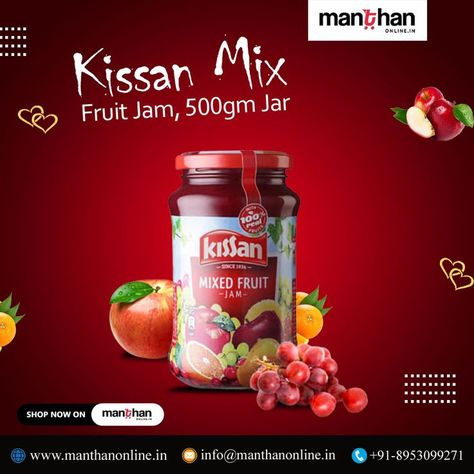 Shop Kissan Mixfruit Jam at manthanonline.in. Shop Now - https://www.manthanonline.in/ https://www.manthanonline.in/grocery/breakfast-dairy/jam #Manthanonline #grocries #kissan #jam #mixfruit #kissanfruitjam #kanpur Jam Advertisement, Fruit Mixes, Fruit Jam, Bridal Bangles, Mixed Fruit, Graphic Design Advertising, Jam, Shop Now, Fruit