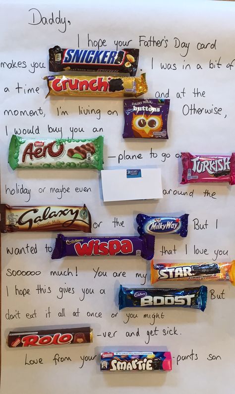 Letter With Chocolate Bars, Chocolate Letter Gift, Dad Chocolate Bar Poem, Fathers Day Chocolate Ideas, Fathers Day Chocolate Bar Card, Farther Days Ideas, Father’s Day Poster Ideas, Fathers Day Gifts Ideas Diy, Fathers Day Chocolate