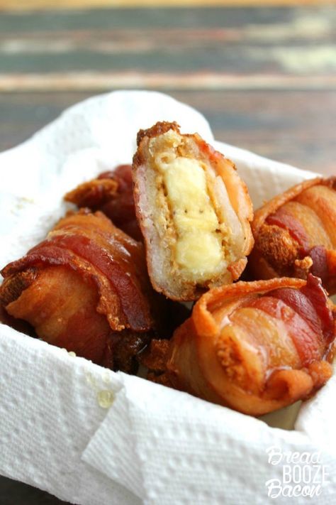 Elvis had it so so right! These Elvis Bacon Bites are crispy, peanut buttery mouthfuls of fried food happiness!  #BaconMonth Elvis Food Ideas, Elvis Themed Party Food, Elvis Party Food, Elvis Recipes, Picky Bits, Elvis Party, Bacon Desserts, Bacon Bites, Bread Booze Bacon