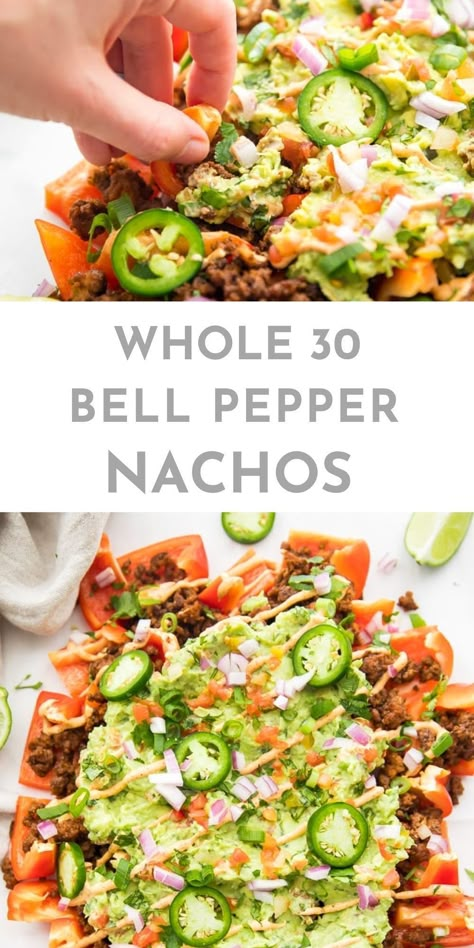 Bell Pepper Nachos, Pepper Nachos, Paleo Mexican, Nachos Recipe Beef, Quick Guacamole, Slow Cooker Mexican Chicken, Nacho Toppings, Seasoned Ground Beef, Nachos Recipe Easy