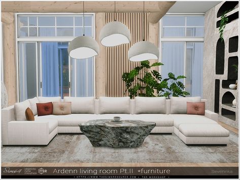 The Sims Resource - Ardenn living room Pt.II furniture Mod Living Room, Living Room Sims 4, Sims 4 Cc Furniture Living Rooms, Coffee Table Plants, Moroccan Bedroom, Stone Coffee Table, Modern Couch, Sims 4 Cc Furniture, Small Sofa