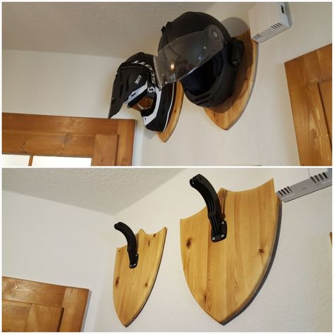 Diy Helmet Rack, Bike Helmet Storage, Barn Shop Ideas, Americana Living Rooms, Helmet Stand, Helmet Rack, Diy Hat Rack, Helmet Storage, Bike Hanger