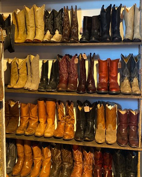 ransack boot section       #western #cowboy #cowgirl #cowboyboots #horse #westernboutique #westernstore #ransacked Cowboy Boot Shelves, Boot Shelves, Vintage Cowboy Aesthetic, Cowboy Boots Aesthetic, Boot Wall, Tall Cowgirl Boots, Chestnut Springs, Cowboy Aesthetic, Cowboy Party