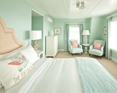 Now this pink is the contrasting color I'd use with my sea glass fabrics/ Seafoam Green Bedroom, Green Girls Rooms, Mint Green Bedroom, Mint Bedroom, Cottage Style Bedroom, Green Bedroom Walls, Mint Green Walls, Contemporary Cottage, Green Walls