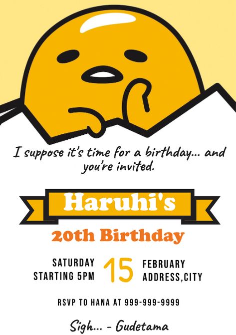 Gudetama Birthday Invitation, Gudetama Party, Gudetama Birthday, Sanrio Birthday, Lazy Egg, 10 Birthday, Dinner Club, Cat Birthday Party, Promotional Flyers