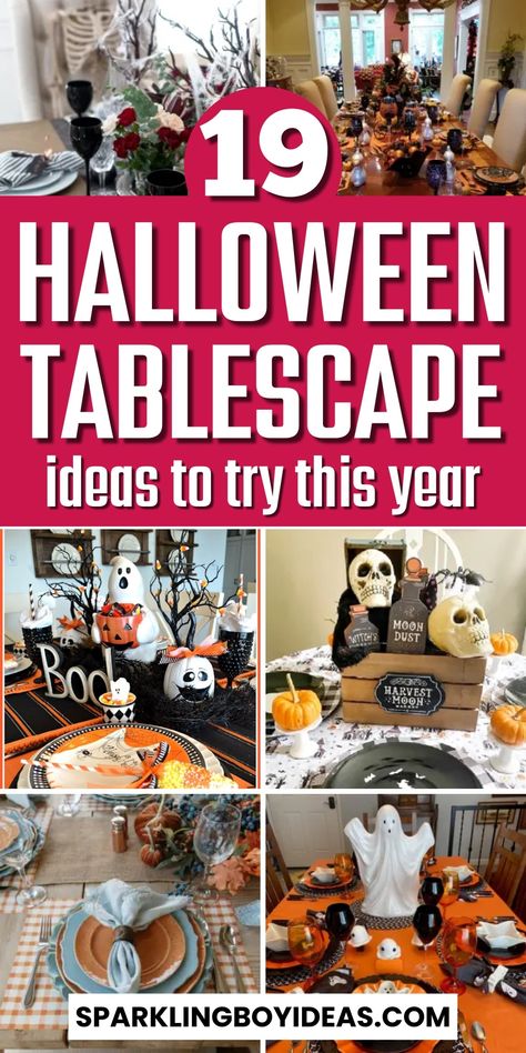 19 Elegant Halloween Tablescape 22 Fall Halloween Tablescapes, Elegant Halloween Decor Diy, Halloween Tablescape Ideas, Halloween Table Decorations Centerpieces, Halloween Pumpkin Painting Ideas, Halloween Dinnerware, Halloween Candelabra, Halloween Pumpkin Painting, Halloween Table Centerpieces