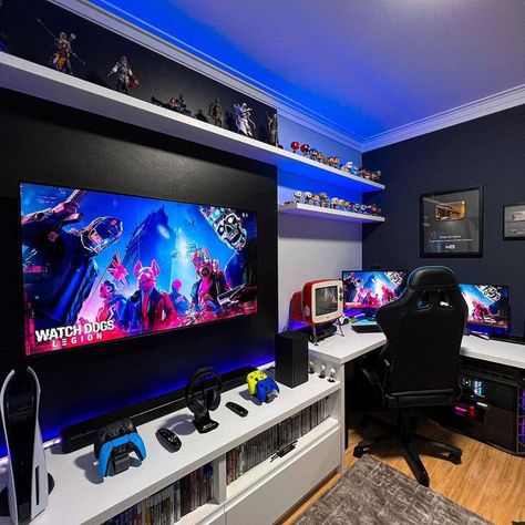 Teenage Gaming Room, Ps5 Bedroom Setup, Playstation Setup Bedroom, Ps5 Game Room, Small Gamer Room, Teen Gaming Bedroom, Small Game Room Ideas, Small Gaming Room Ideas, Gamer Girl Aesthetic