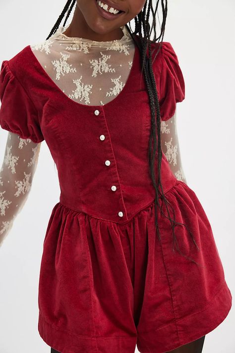 Silver Bells Romper | Free People Hanbok Inspired Dress, Shakespeare Fashion, Micro Wardrobe, Red Romper Outfit, Fall Romper Outfit, Campy Fashion, Folk Style Clothing, Red Velvet Christmas Dress, Rompers Outfit