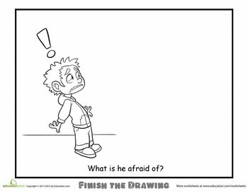 Worksheets: Finish the Drawing: What is he Afraid Of? Finish The Drawing, School Social Work, Counseling Activities, Child Therapy, Drawing Activities, Art Therapy Activities, Drawing Prompt, Feelings And Emotions, Creative Drawing