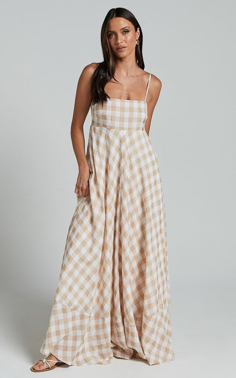 Step into the perfect balance of casual and chic with our Katrien Maxi Dress. This sleeveless, straight-cut dress is designed with an empire waist and flare silhouette to give you a figure-flattering look that's both comfortable and stylish. The beige and white check pattern adds a touch of sophistication to this versatile piece, making it ideal for any occasion. Whether you're heading out for brunch or attending a summer soirée, this midi dress will have you feeling confident and ready to take Maxi Sundresses, Ranch Girl, Straight Cut Dress, Cotton Sundress, Cut Dress, Feeling Confident, Empire Waist Dress, Straight Neckline, Clothespins