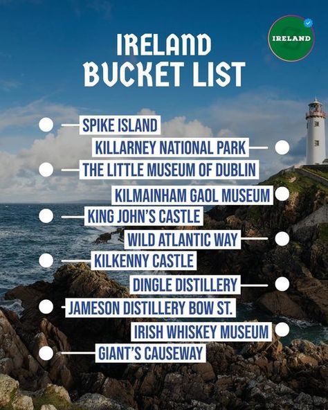 Ireland 🇮🇪 Travel | Hotels | Food | Tips 🍀 on Instagram: "“Every single moment is an adventure” Ireland Bucket List 🇮🇪❤️✈️ How many checks will you have in this list? ⭐️Save this for your next Ireland Trip #europe #europa #travel #bucketlist #traveler #travelgram #travelblogger #europetravel #ireland #irish" Traveling To Ireland, Ireland Bucket List, Jameson Distillery, Kilmainham Gaol, Kilkenny Castle, Tips For Traveling, Hotel Food, Ireland Trip, Irish Culture