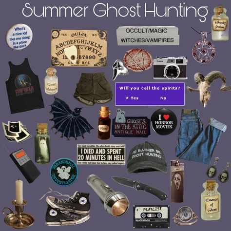 Ghost hunting summer aesthetic Ghost Type Aesthetic, Olliecore Aesthetic, Ghost Hunting Aesthetic Outfit, Ghost Hunting Tips, Paranormal Investigator Outfit, Ghost Hunter Aesthetic Outfit, Ghosthunter Aesthetic, Ghost Hunter Aesthetic, Summerween Aesthetic