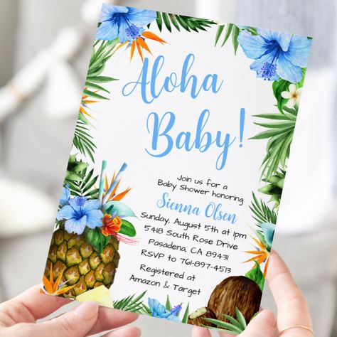 Hawaiian Baby Shower Theme Boy, Hawaiian Baby Shower Theme, Tropical Baby Shower Theme, Hawaiian Baby Showers, Luau Invitations, Baby Gender Reveal Party Decorations, Luau Baby Showers, Pineapple And Coconut, Hawaiian Party Decorations