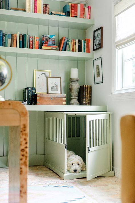 Sage Green Bookshelf, Office Dog Room, Dog Playroom, Dog Dens, Green Bookshelf, Built In Dog Bed, Southwest Interior Design, Southwest Interior, Green Bookshelves