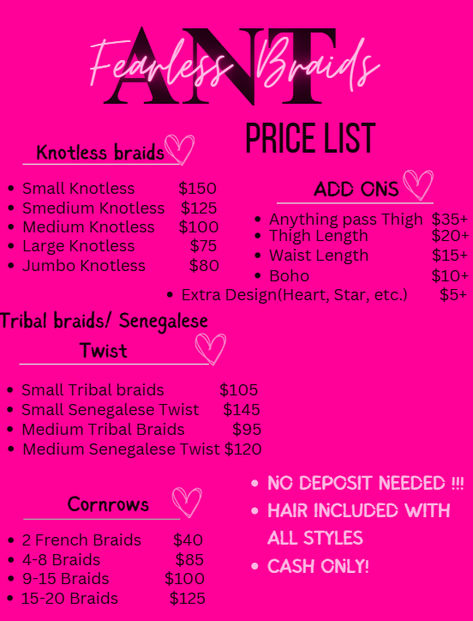 Prices For Braids, Hairstyle Price List, Hairstyle Prices, Braider Aesthetic, Hair Page Name Ideas Instagram, Instagram Hair Page Name Ideas, Braiding Price List, Hairstylist Price List, Braids Price List