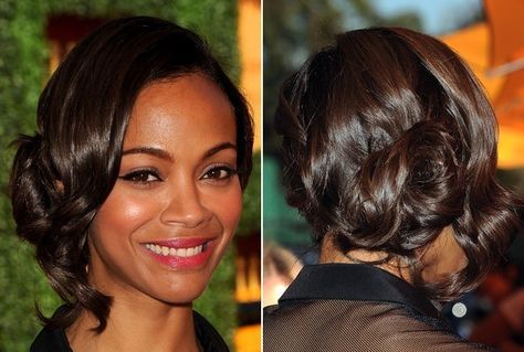 Zoe Saldana's Side-Swept Updo..Create a deep side part and draw out a two-inch section running from the part along the front hairline to the ear. Pull the rest of the hair off-center and collect it at the nape of the neck. Next, twist tresses loosely behind the ear and secure with u-shaped hair pins or bobby pins. Then use a large-barreled curling iron to make a few waves in the section of hair framing the face. Slightly Wavy Hair, Side Swept Updo, Celebrity Wedding Hair, Medium Length Updo, Celebrity Short Hair, Deep Side Part, Wedding Hairstyles Medium Length, U Shaped Hair, Homecoming Hairstyles For Medium Length