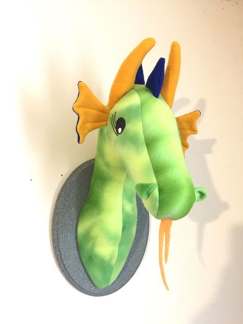 Fantasy Nursery, Stuffed Dragon, Whimsical Dragon, Faux Animal Head, Deer Head Wall Decor, Machine Stitches, Tie Dye Green, Texture Stone, Dragon Nursery