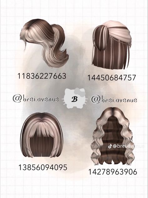 Roblox Hair Codes, 2 Tone Hair, Blonde Hair Roblox, Brown Hair Id, Brown Hair Roblox, Pelo Cafe, Roblox Hair, Blocksburg Outfit Codes￼, Two Toned Hair