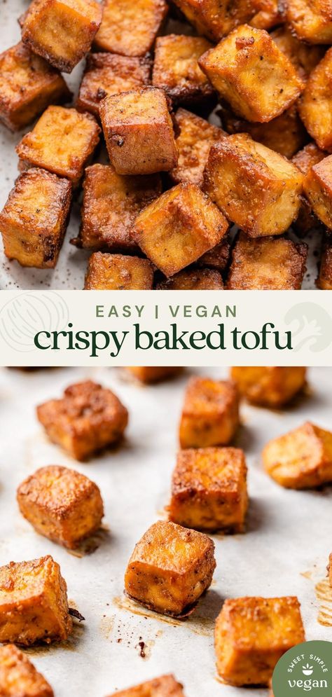 Learn how to make crispy baked tofu! It's easy and perfect for meal prep, plus it requires just a few simple ingredients! #crispytofu #easytofu #veganrecipe #vegan #sweetsimplevegan #entree #lunch #dinner #mealprep #protein Easy Crispy Tofu, High Protein Vegetarian, Crispy Baked Tofu, Protein Vegetarian, Pudding Chia, Tofu Recipes Vegan, High Protein Vegan Recipes, Vegetarian Protein, High Protein Vegan