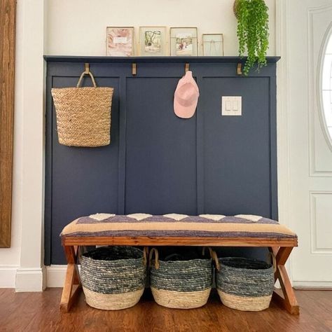 5 Mistakes To Avoid When DIYing Board And Batten Accent Walls + Entryways - The Confused Millennial Paneling In Entryway, Board And Batten Shoe Storage, Board And Batten Entry Wall With Hooks, Painted Board And Batten Entryway, Board And Batten Mudroom Wall With Hooks, Easy Board And Batten Wall Entryway, Hallway Panelling With Hooks, Slate Blue Board And Batten, Small Space Board And Batten