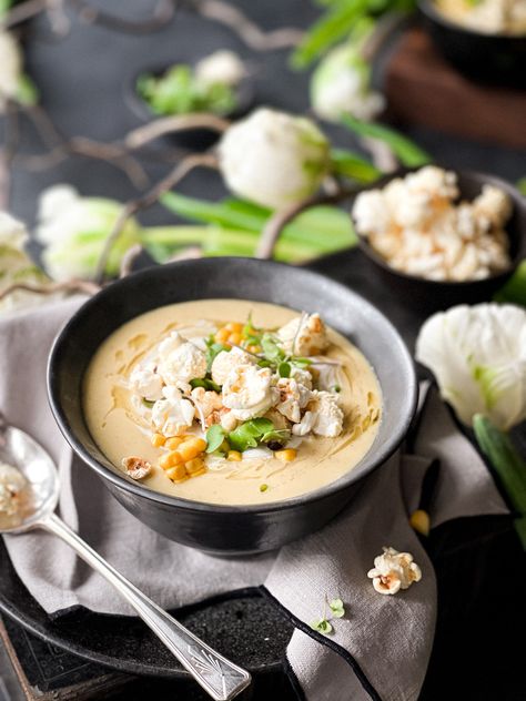 Popcorn Soup Recipe, Spicy Corn Soup, Popcorn Soup, Smoky Corn Chowder, Corn Soup Photography, Sweetcorn Soup Recipes, Buttery Popcorn, Corn Chowder Soup, Quinoa Spinach