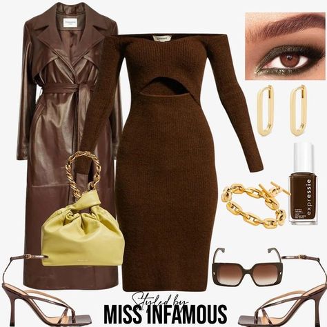 Brown Dress Brown Boots, Brown Dress Winter Outfit, Brown Dress Black Women, Brown Dress Outfit Fall, Brown Dress Outfit Ideas, Brown Party Outfit, Brown Off-shoulder Dress For Fall, Shades Of Brown Outfit, Brown Birthday Outfit