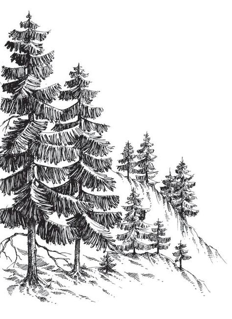 Christmas Fabric Wall Hangings You Can Make Yourself! | Apartment Therapy Mountain Landscape Drawing, Ako Kresliť, Forest Sketch, Pine Tree Drawing, Forest Drawing, Mountain Drawing, Tree Sketches, Landscape Sketch, White Drawing