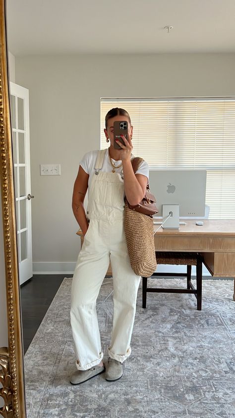 Women's Boston Clogs curated on LTK Dress With Boston Clogs, Beige Clogs Outfits, White Clogs Outfit, Clogs Summer Outfit, Clogs Street Style, Beige Overalls, Levi Overalls, Crochet Straw Bag, Boston Clogs Outfit