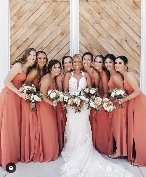 Desert Coral Davids Bridal, Mai Tai Bridesmaid Dresses, Dark Coral Bridesmaid Dresses, Peach Colored Bridesmaid Dresses, Coral Peach Bridesmaid Dresses, Bridesmaid Photoshoot Ideas, Peach Color Bridesmaid Dresses, Bridesmaid Dresses Coral, Salmon Wedding