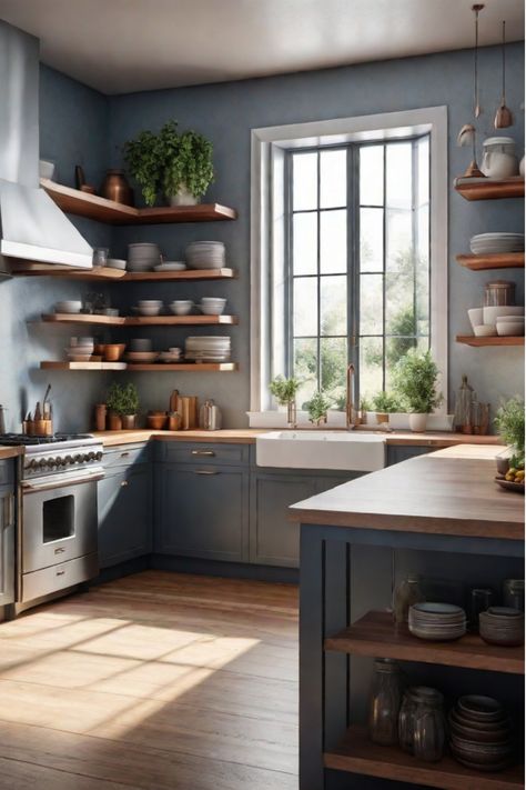 Bright kitchen with open shelving and accent wall