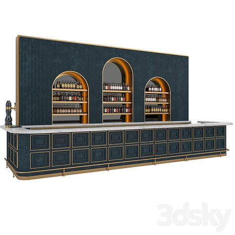 Restaurant Bar set 06 LOFT Gold & Dark Blue - Restaurant - 3D model Coffee Shop Counter Design, Warehouse Bar, Restaurant Bar Counter, Coffee Shop Counter, Shop Counter Design, Wall Display Case, Bar Counter Design, Gondola Shelving, Glass Dome Display