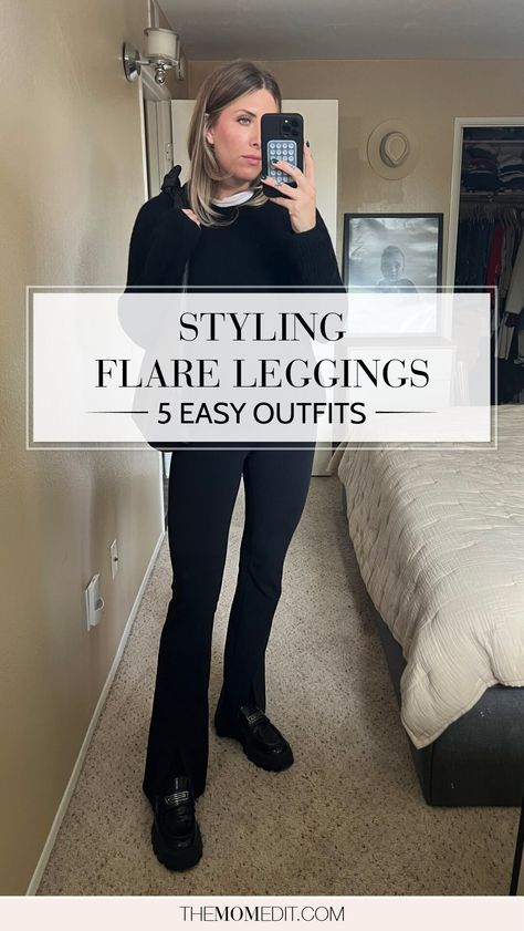 How To Style Bootcut Leggings, Flair Pants Outfit Winter, Maternity Flare Leggings Outfit, Black Flare Leggings Outfits, How To Style Wide Leg Leggings, Yoga Flared Pants Outfit, How To Style Black Flared Leggings, Shoes With Flare Leggings, Outfits With Bootcut Leggings