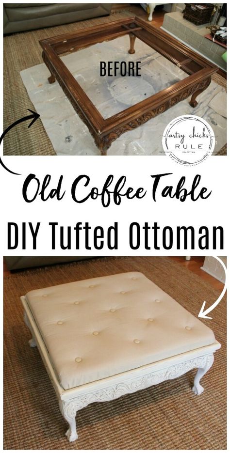 Diy Ottoman Coffee Table, Diy Tufted Ottoman, Tufted Ottoman Coffee Table, Ottoman Diy, Refurbished Table, Coffee Diy, Coffee Table Makeover, Old Coffee Tables, Table Picnic