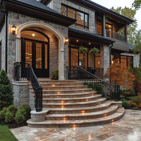 House With Stairs To Front Door, Staircase To Front Door Exterior, Entrance Steps Design Outdoor, External Staircase Design, Outdoor Staircase Design Entrance, Entrance Steps Design, Entrance Stairs Design, Outdoor Stairs To House Entrance, Entry Stairway