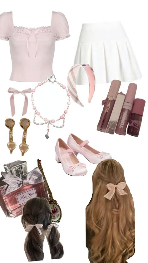 #coquette #outfit Real Coquette Outfit, Cute Outfits Coquette, Casual Coquette Outfit, Simple Outfits For Teens, Wonyoung Clothes, Coquette Moodboard, Coquette Dark Academia, Cute Kawaii Outfits, Downtown Girl Coquette