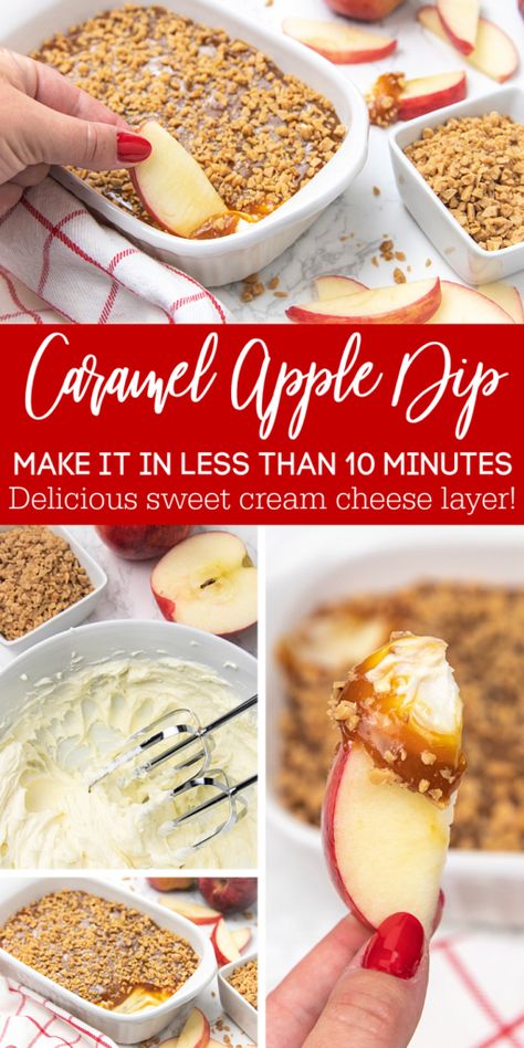 Caramel Apple Dip Cream Cheese Toffee Bits, Makeahead Party Food, Apple And Caramel Dip, Tastefully Simple Dip Recipes, Carmel Fruit Dip Recipe, Fall Work Events, Apple Dip With Toffee Bits, Cream Cheese And Caramel Apple Dip, Fall Apple Dip Recipes