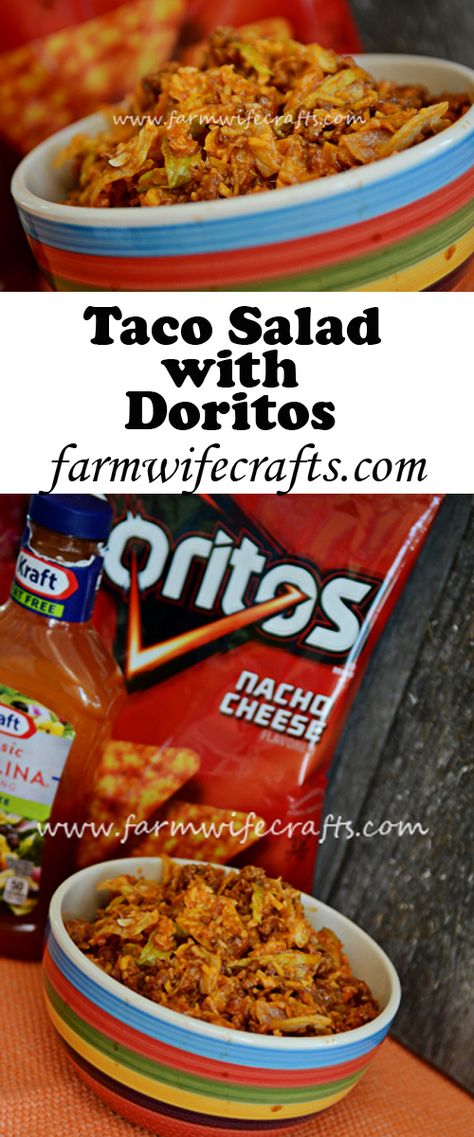 Taco Salad With Doritos - The Farmwife Crafts Taco Salad With Doritos, Salad With Doritos, Dorito Taco Salad, Dorito Taco, Layered Taco Salads, Taco Salad Doritos, Taco Salad Bowls, Taco Salads, Taco Salad Recipes