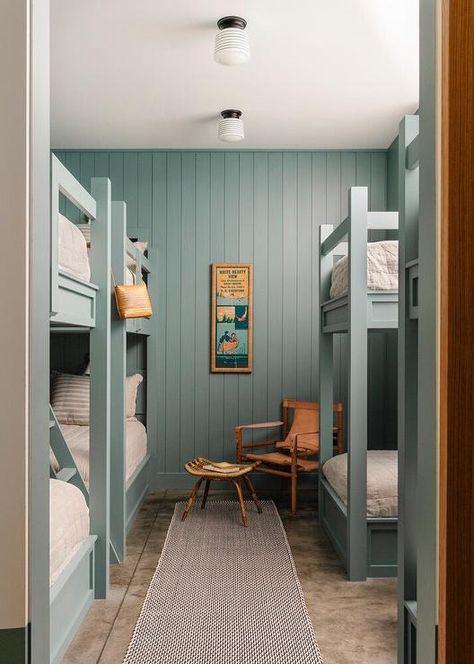 Blue Bunk Beds with Blue Shiplap Trim - Cottage - Bedroom Sw Moody Blue, Lake House Bunk Rooms, Lakehouse Living Room, Blue Bedroom Paint, Beach Dream House, Sherwin Williams Blue, Blue Kids Room, Built In Bunks, Room Blue