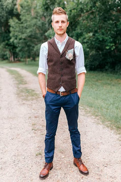 groom attire rustic blue pants t shirt brown waistcoat bowtie mallory sparkles Bohemian Wedding Attire, Groom Attire Rustic, Bohemian Groom, Groomsmen Vest, Groom Vest, Brown Waistcoat, Casual Grooms, Wedding Waistcoats, Mens Wedding Attire