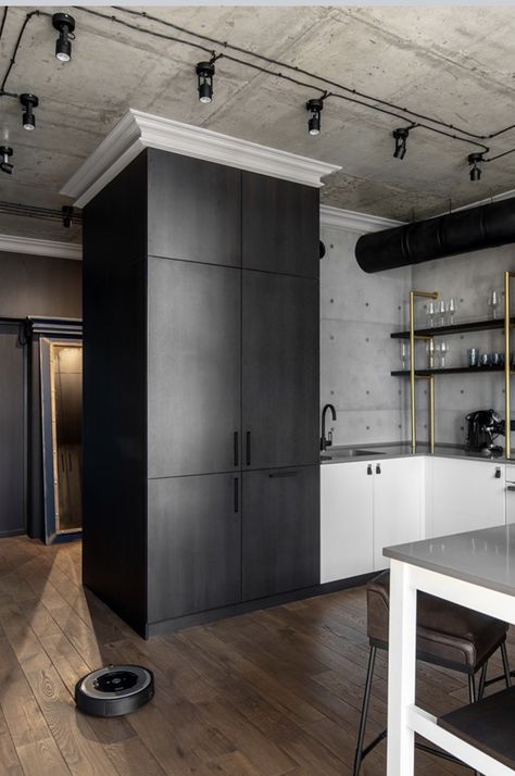 Modern Industrial Decor Kitchen, Industrial Apartment Design, Small Industrial Apartment, Airbnb Ideas Interior Design, Industrial Style Apartment, Modern Industrial Interior Design, Industrial Room Design, Modern Industrial Apartment, Modern Loft Design