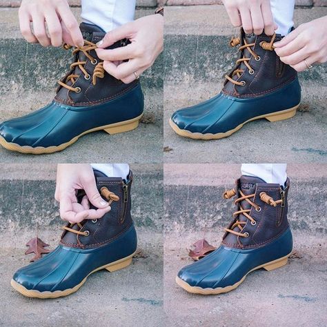 How To Tie Duck Boot Laces - Thrifty Pineapple Outfits With Sperry Duck Boots, How To Tie Duck Boot Laces, How To Tie Sperry Laces, What To Wear With Duck Boots, How To Style Duck Boots, Duck Boot Outfits, How To Wear Duck Boots, Styling Duck Boots, Duck Boot Outfit