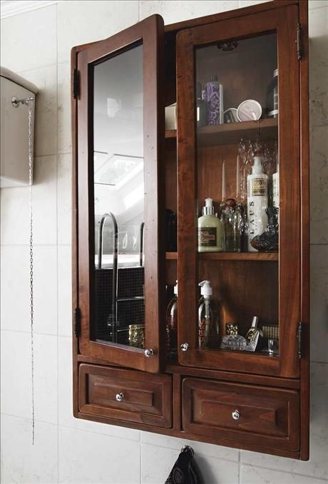 Antique Wall Cabinet Bathroom, Victorian Bathroom Cabinet, Antique Bathroom Furniture, Vintage European Bathroom, Vintage Bathroom Storage, Antique Bathroom Storage, Vintage Small Bathroom Ideas, Small Bathroom Cabinet Ideas, Wood Cabinet Bathroom