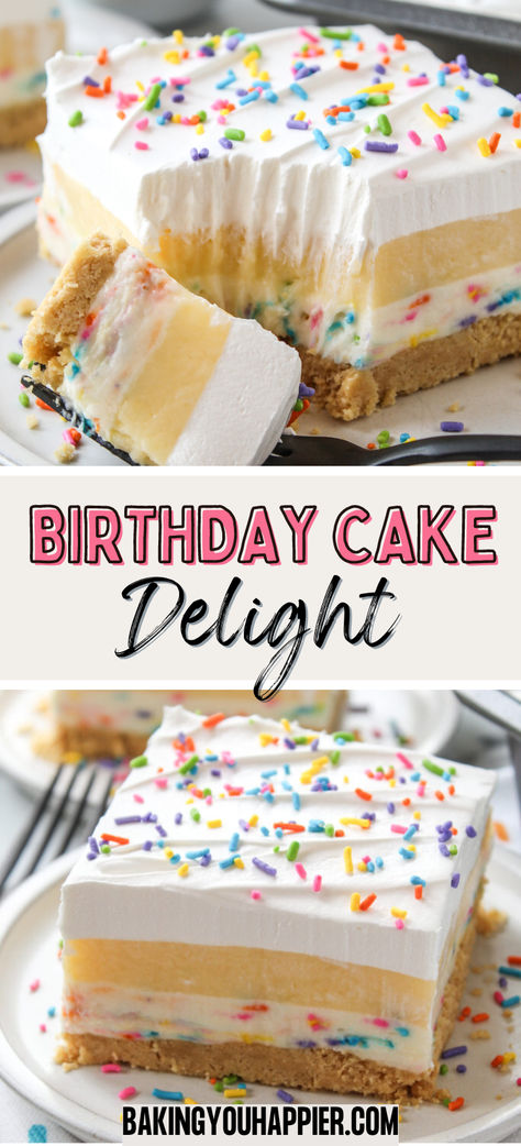 Birthday Cake Delight, a delicious layered dessert that easily stands in place of traditional birthday cake! Savory Birthday Cake Alternatives, Birthday Cake Desserts, Easy Birthday Cake For Adults, Clean Birthday Cake, Healthy Birthday Cake Alternatives, Traditional Birthday Cake, Healthy Birthday Cake, Healthy Smash Cake, Birthday Cake Alternatives