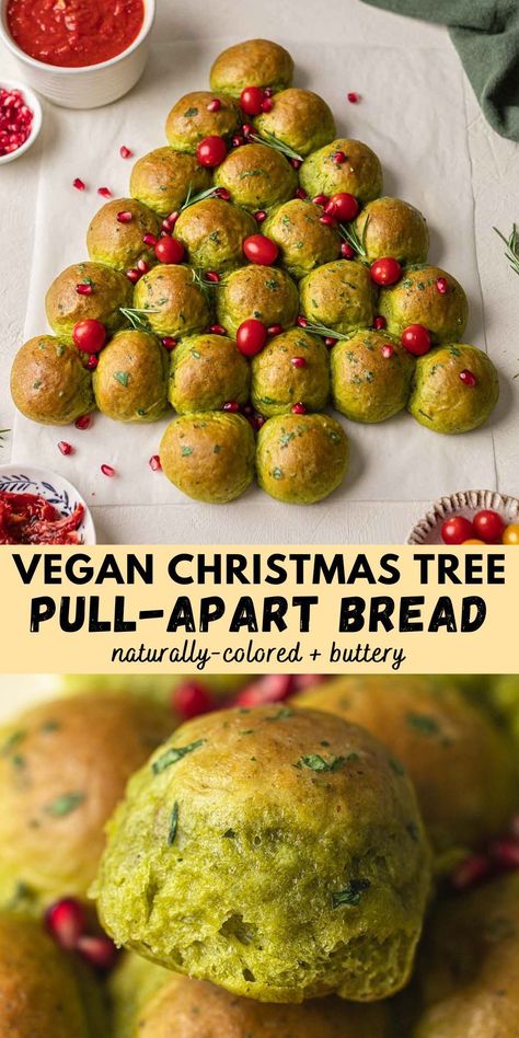 This vegan Christmas Tree Pull-Apart Bread is a stunning centerpiece for the holidays! The brioche-style bread buns are packed with herbs and naturally colored with spinach. Vegan Christmas Bread, Vegan Pull Apart Bread, Vegan Christmas Breakfast, Vegan Christmas Party, Vegan Bread Rolls, Christmas Tree Pull Apart Bread, Summer Vegan Recipes, Quick Bread Rolls, Holiday Breads