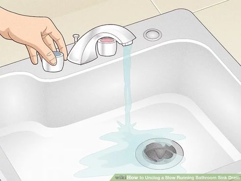 4 Ways to Unclog a Slow Running Bathroom Sink Drain - wikiHow Unclog Sink Bathroom, Slow Draining Sink Bathroom, Cleaning Bathroom Sink Drain, Slow Draining Sink, How To Clean Bathroom Sink Drain, Sink Clogged Unclog A Drain, Unclog Bathroom Sink Diy Clogged Drains, How To Clear A Slow Draining Sink, Clean Bathroom Sink