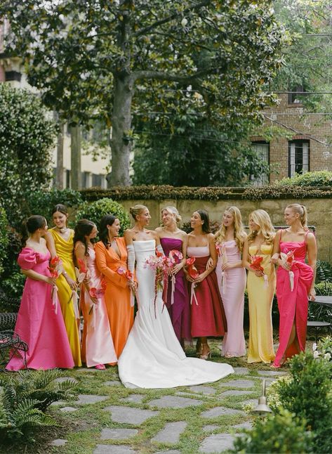 Sunset Mismatched Bridesmaid Dresses, Random Color Bridesmaid Dresses, Sunset Color Theme Wedding, Bridesmaids Sunset Colors, Desert Sunset Wedding Colors, Sunset Bridesmaids Dresses, July Wedding Bridesmaid Dresses, Bridesmaid Bright Colors, Bridesmaids Multicolor Dresses